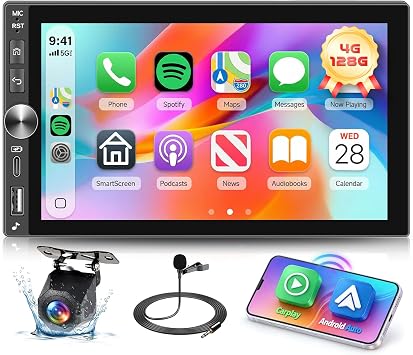 Hodozzy 4G+128G Android Car Stereo with Wireless Carplay Wireless Android Auto, 7 Inch Incell Touch Screen Double Din Car Stereo with GPS Navigation Bluetooth DSP, WiFi, FM RDS, Camera