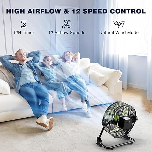Miniatura 4 de Ventilador de piso recargable portátil de 12 pulgadas, ventilador silencioso de metal con pilas, tiempo de funcionamiento 24 horas, 12 velocidades,