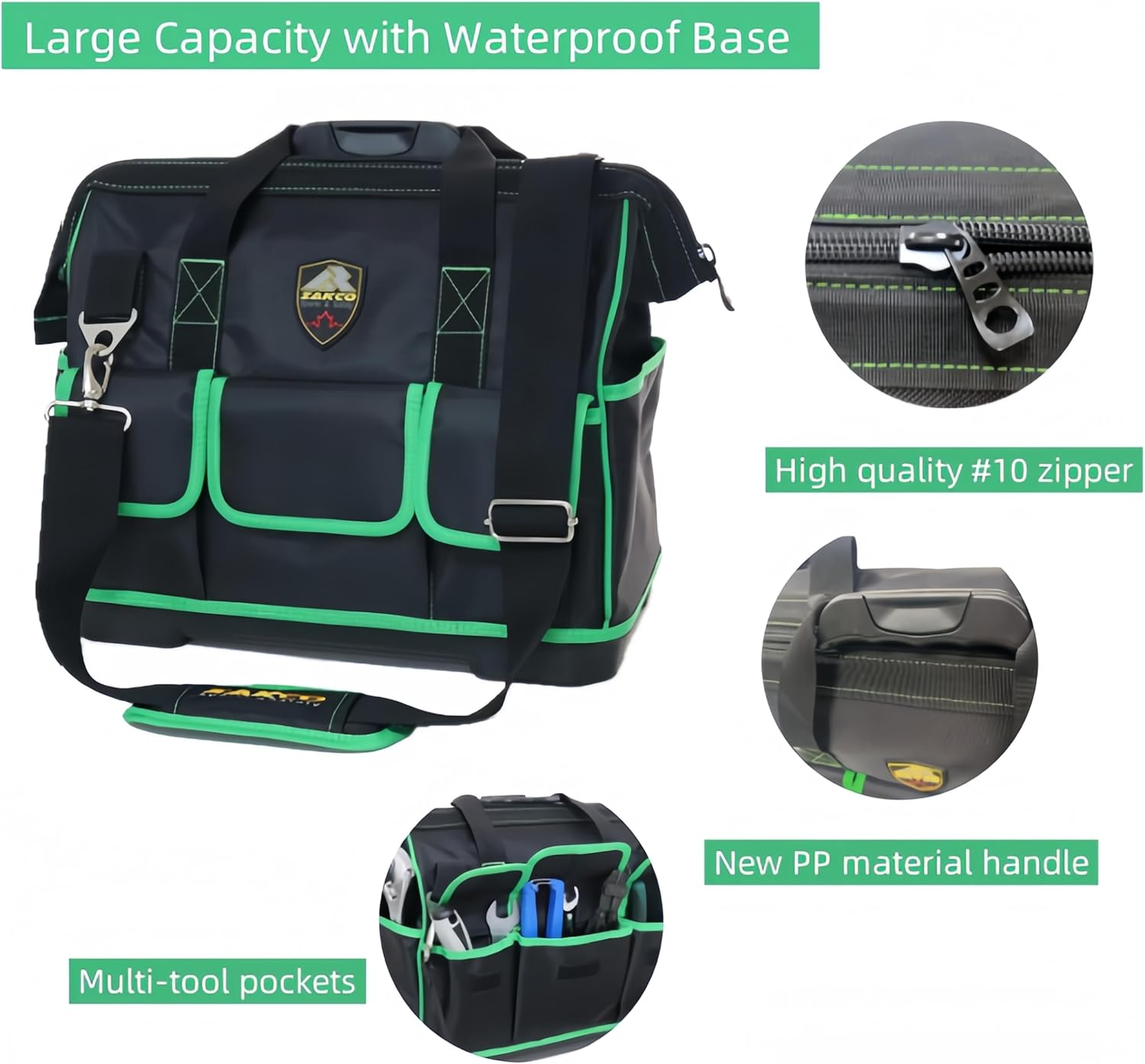 ZAKCO 16 inches Top Opening Tool Tote, 1680D Durable Tool Organizer for Plumber, Electrician, Handyman, HVAC Technicians Tool Bag, Tool Carrying Case with Padded Strap, Green
