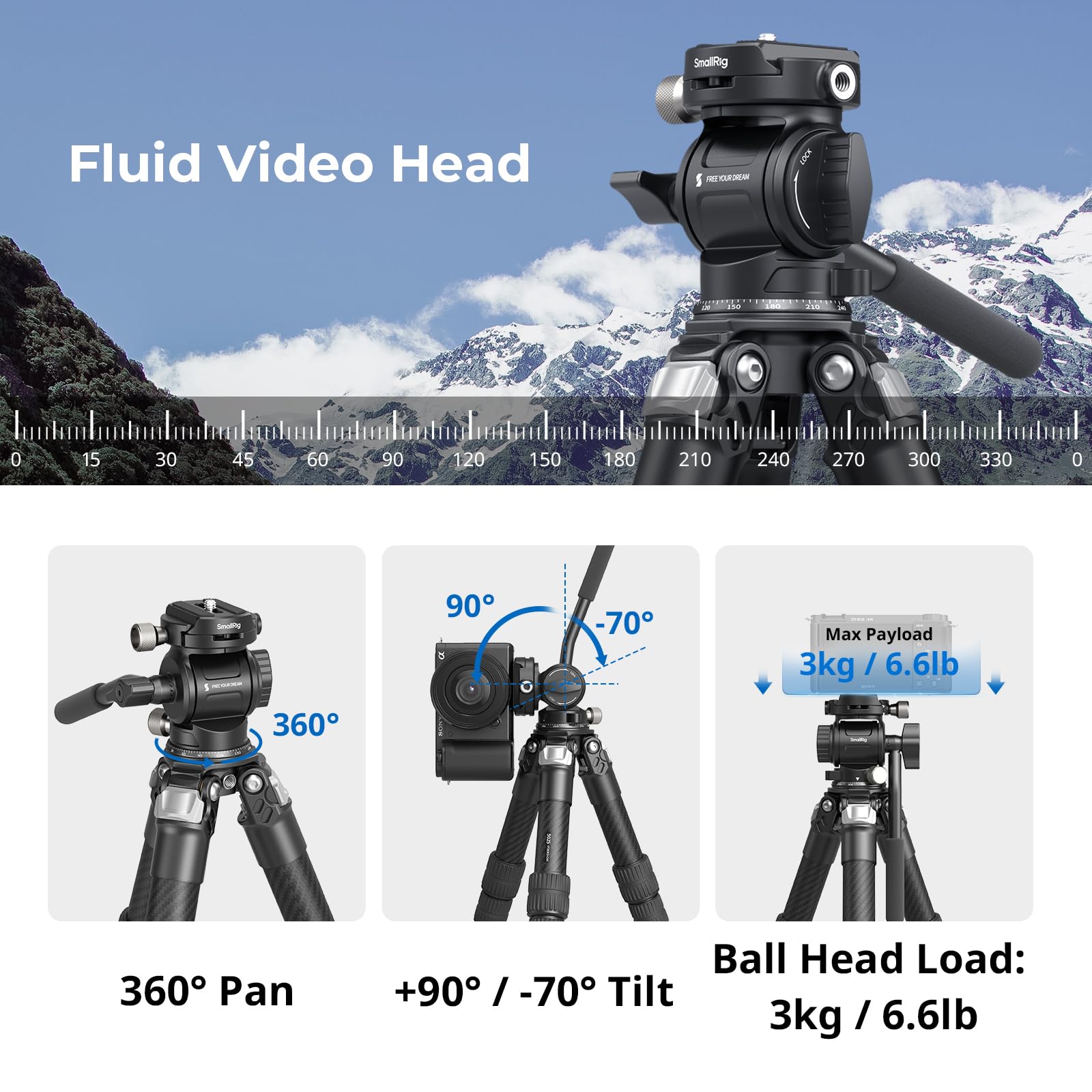 SMALLRIG Kit Treppiede da Tavolo Portatile in Fibra di Carbonio, Tavolo Compatto da 17'' con Testa Video ad alta Capacità di Carico, Carico Massimo 3 kg/6,6 libbre per Fotocamere, DSLR