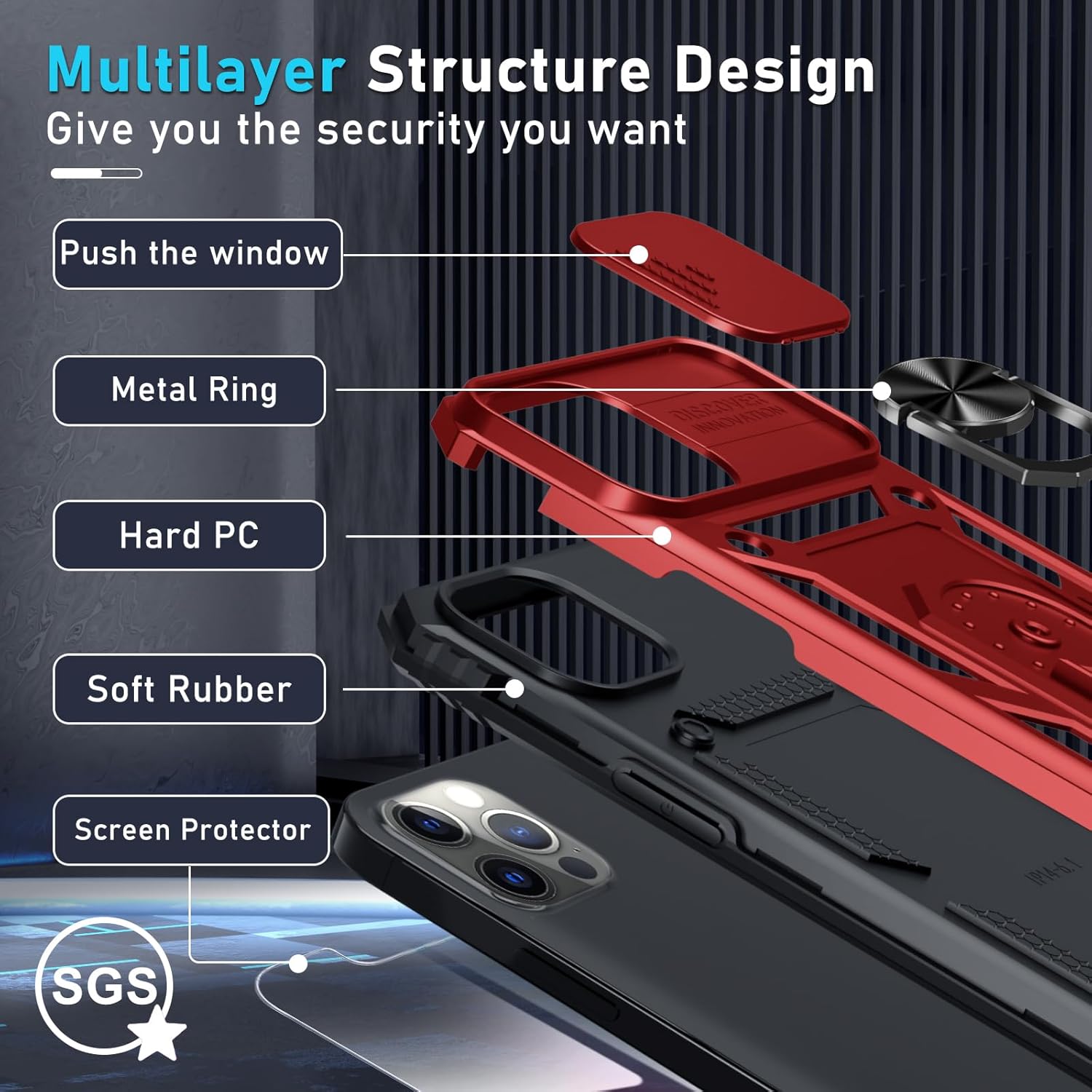 Janmitta Case for iPhone 11 Phone Cover Built in Slide Camera Lens Cover+Screen Protector,Heavy Duty Shockproof Full Body PhoneCase with Finger Ring Holder Kickstand,Red - Image 4