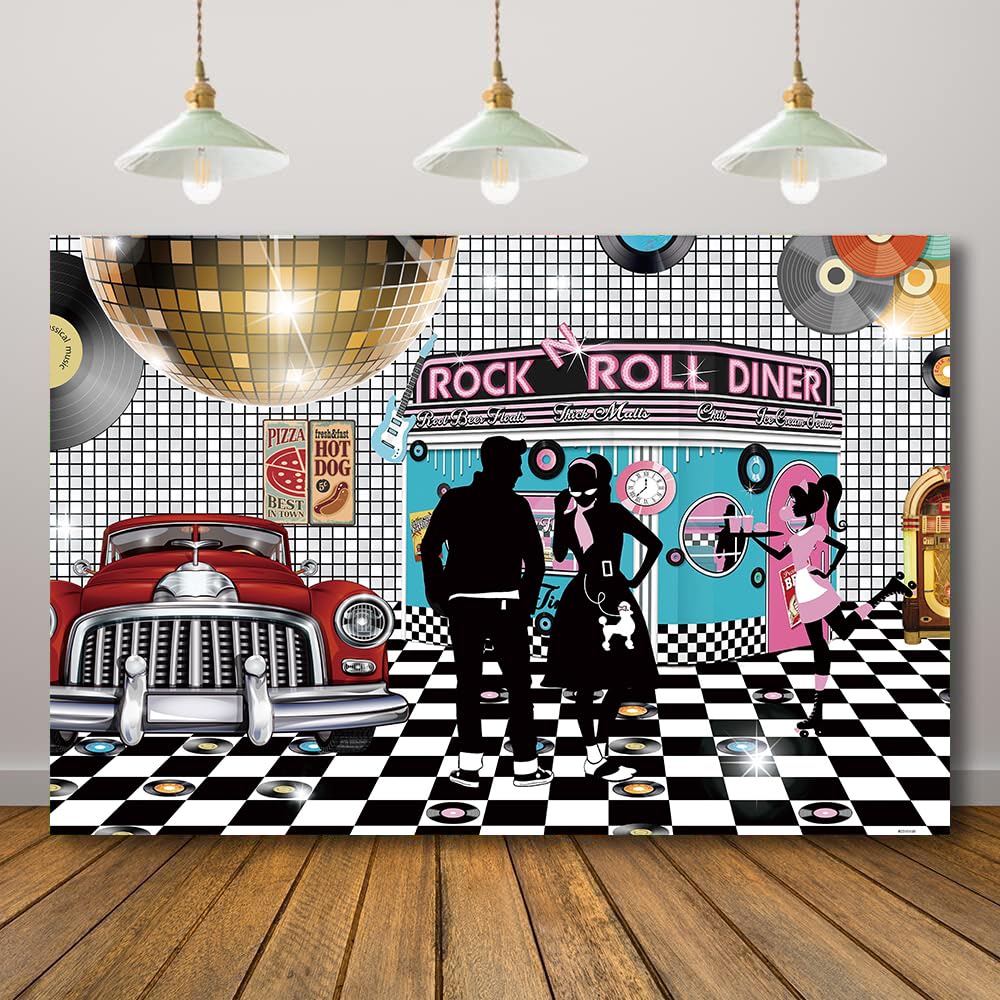 Rcoaror Rock and Roll Diner Backdrop Back to 50s Restaurant Photography Background Fast Food Soda Shop Rock Roll 1950s Music Classic Disco Party Birthday Decorations 71X47inch