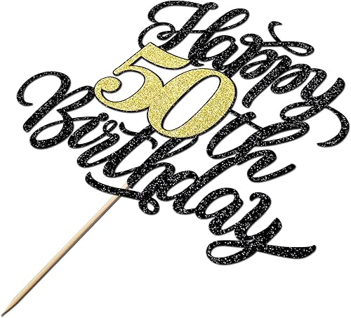 Miniatura 6 de Decoración para tarta de cumpleaños de 50 años, decoración de pastel de cumpleaños con purpurina negra y dorada, suministros de decoración de fiesta