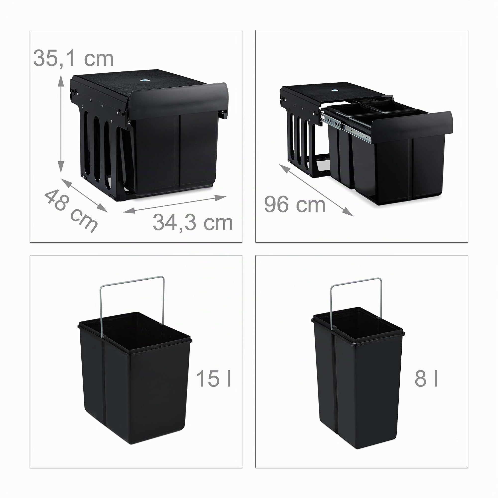 Relaxdays Cubo de Basura 3 Compartimentos, Papelera Cocina Extraíble Bajo Fregadero, 15 L y 2x8 L, 35,1x34,3x48cm, Negro