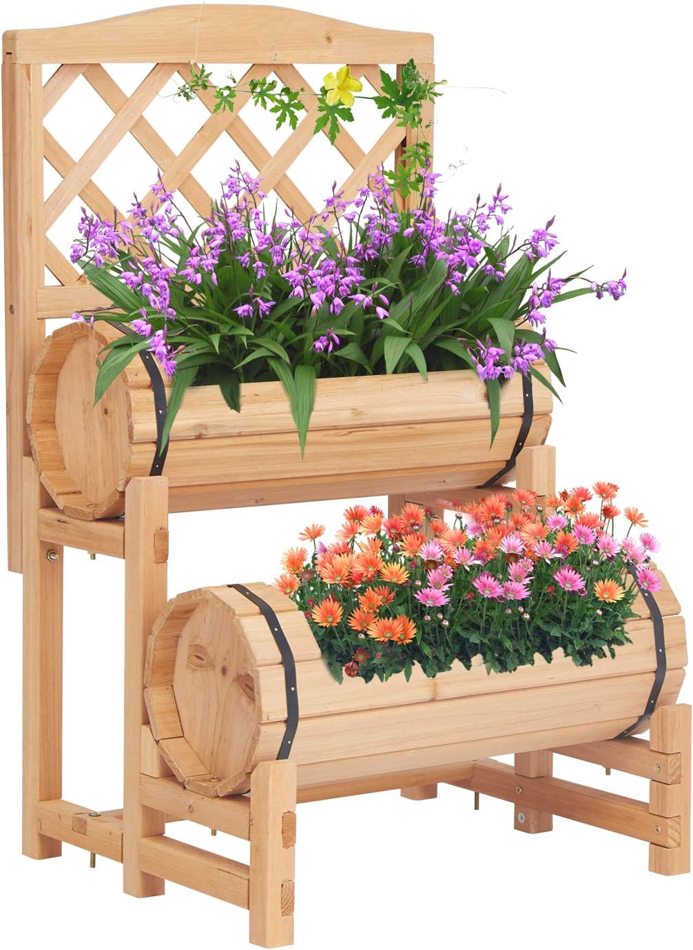 kinbor Outdoor Wood Raised Garden Bed, Raised Planter Box, Planter with Trellis, Elevated Garden Bed for Gardening, Vegetables, Flowers, Climbing Plants Growing Garden Balcony Patio Yard