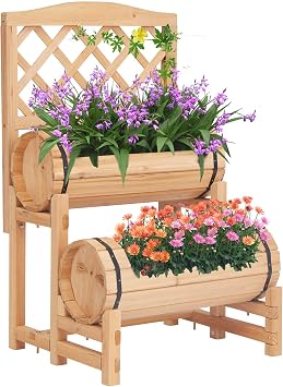 kinbor Outdoor Wood Raised Garden Bed, Raised Planter Box, Planter with Trellis, Elevated Garden Bed for Gardening, Vegetables, Flowers, Climbing Plants Growing Garden Balcony Patio Yard