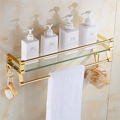 ZDJZMGZ Tempered Glass Bathroom Shelf W Hand Towel Bar Rectangular Wall Mounted Shower Storage European Retro Floating Shelf