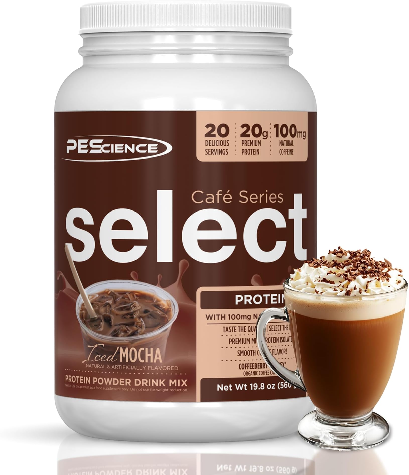 Select Cafe Protein Coffee Flavored Powder, 100mg Caffeine, 20g Iced Protein Coffee Powder or Creamer - Iced Mocha, 20 Servings