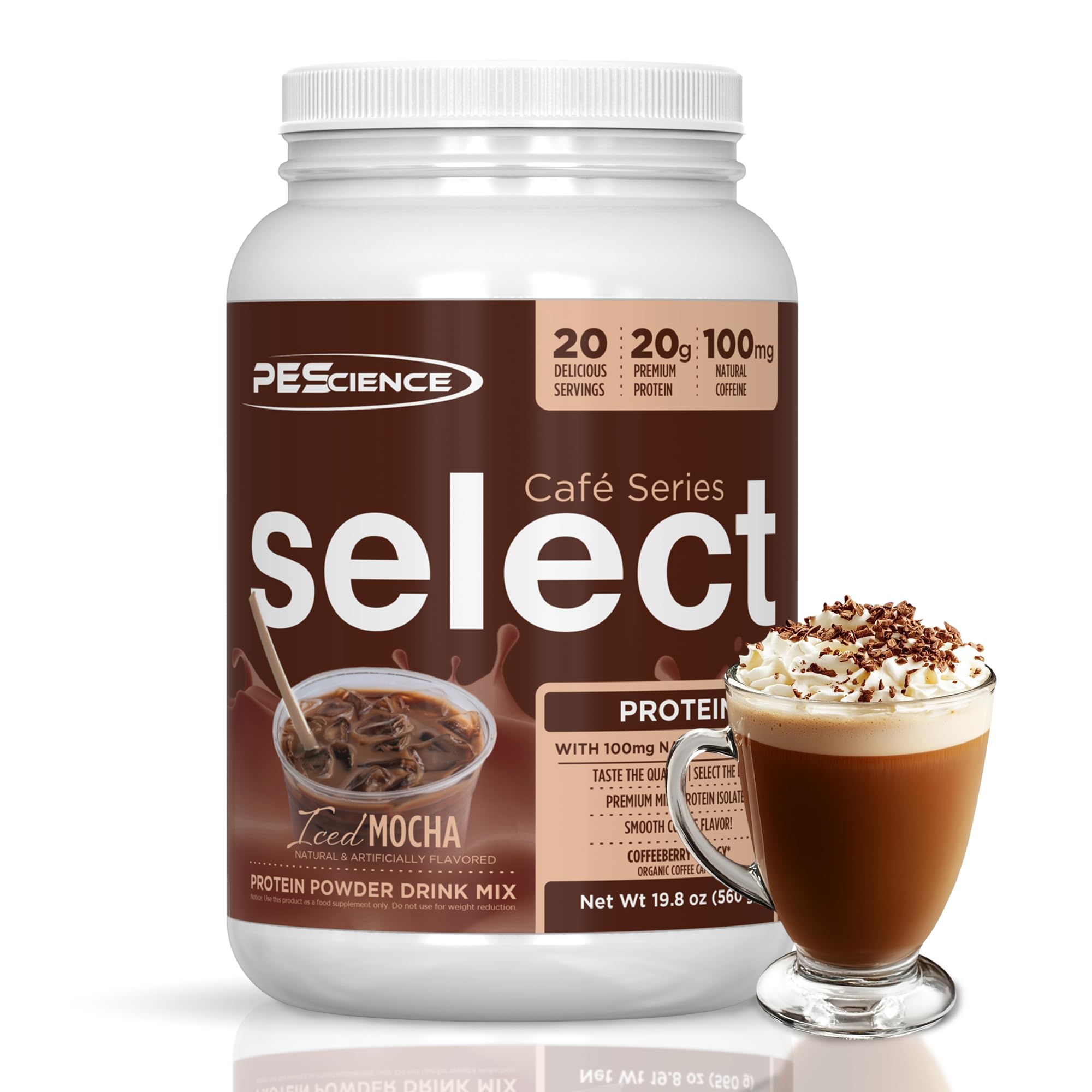 PEScience Select Cafe Protein Coffee Flavored Powder, Iced Mocha, 100mg Caffeine, 20g Iced Protein Coffee Powder or Creamer, 20 Servings