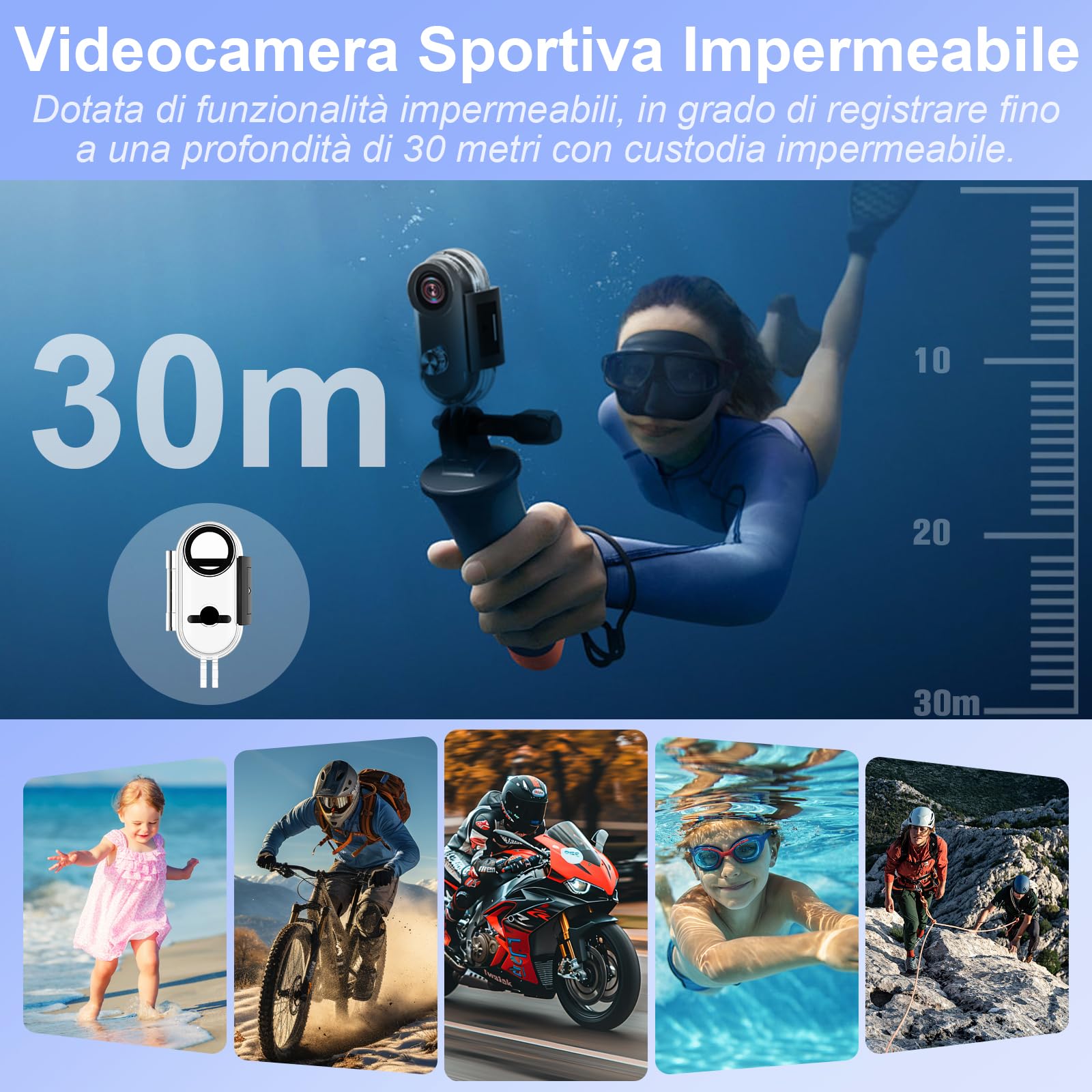 Action Camera Wifi 4K, HD Videocamera Sportiva 170° | Mini Action Camera per Casco da Bicicletta e Moto, Impermeabile con Magnete e Scheda da 32 GB