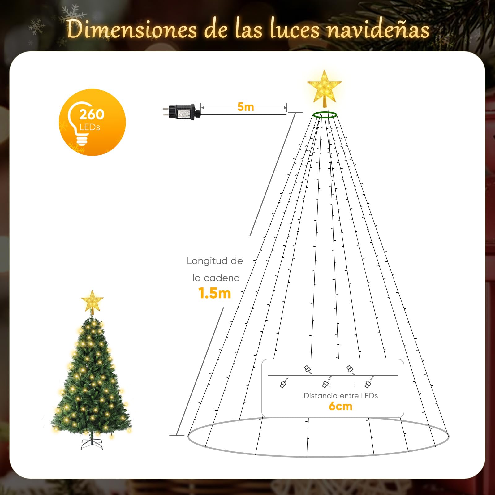 Salcar - Guirnalda luminosa para árbol de Navidad, 1,5 m, con anillos, 10 guirnaldas y estrella con mando a distancia, 260 luces LED para árbol de Navidad, interior exterior, blanco cálido