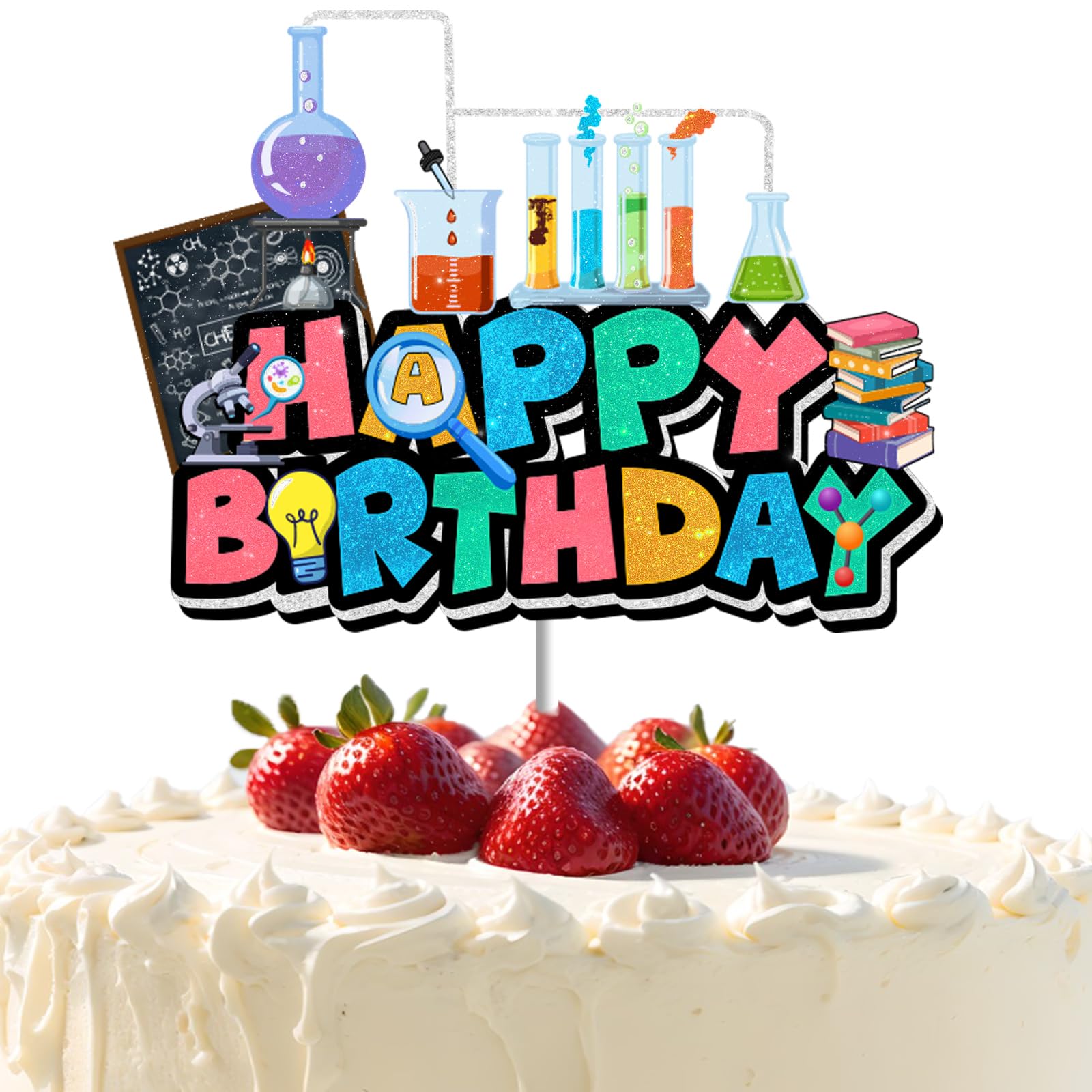 Science Cake Topper for Boys Girls Happy Birthday Chemistry Physics Biology Lab Experiment Cake Decor Mad Scientist Themed Party Decorations Supplies