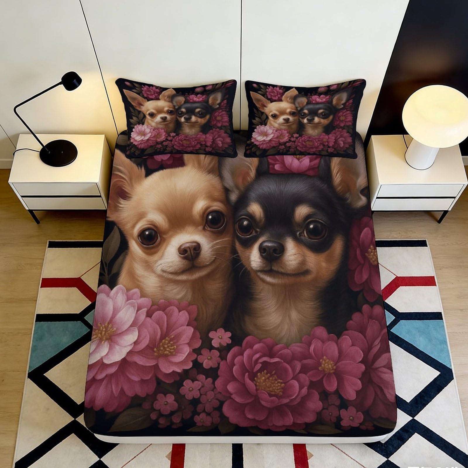 3D Printed Chihuahua Dog Floral Fitted Sheet Microfiber Soft Breathable Puppy Bed Cover for Bedroom Guest Room Décor 90x200x25cm