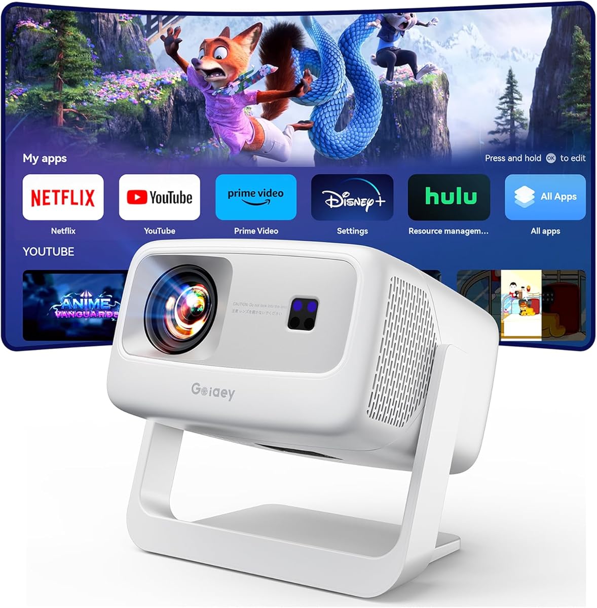 [10,000+ Licensed Apps/Live TV/3500ANSI/65W DoIby Audio] Smart 4K-Projector with WiFi and Bluetooth, Goiaey Outdoor Projector with 360°Stand, HDR10+, Auto Focus, Auto Keystone, Short Throw Proyector
