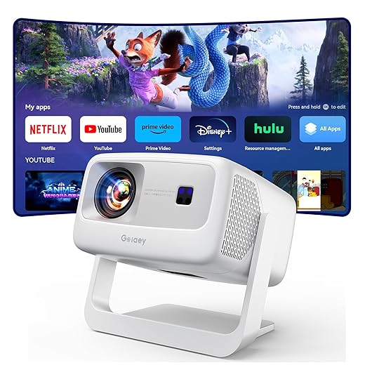 [10,000+ Licensed Apps/Live TV/3500ANSI/65W DoIby Audio] Smart 4K-Projector with WiFi and Bluetooth, Goiaey Outdoor Projector with 360°Stand, HDR10+, Auto Focus, Auto Keystone, Short Throw Proyector