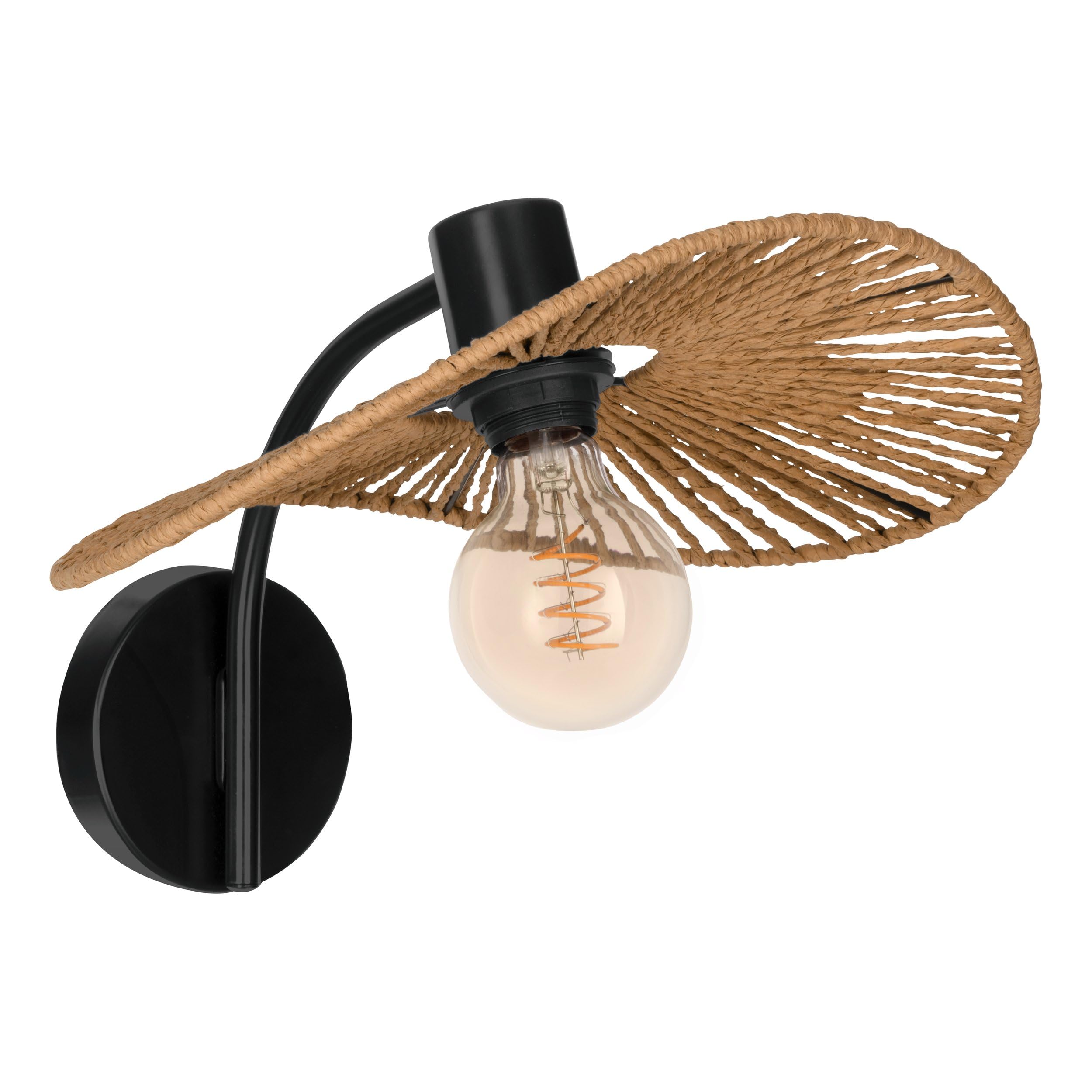 EGLO Wandlampe Siruela, Boho Wandleuchte innen, Wandbeleuchtung Natur, FSC Zertifiziert, Wohnzimmerlampe aus Papier in Natur und Metall in Schwarz, E27 Fassung