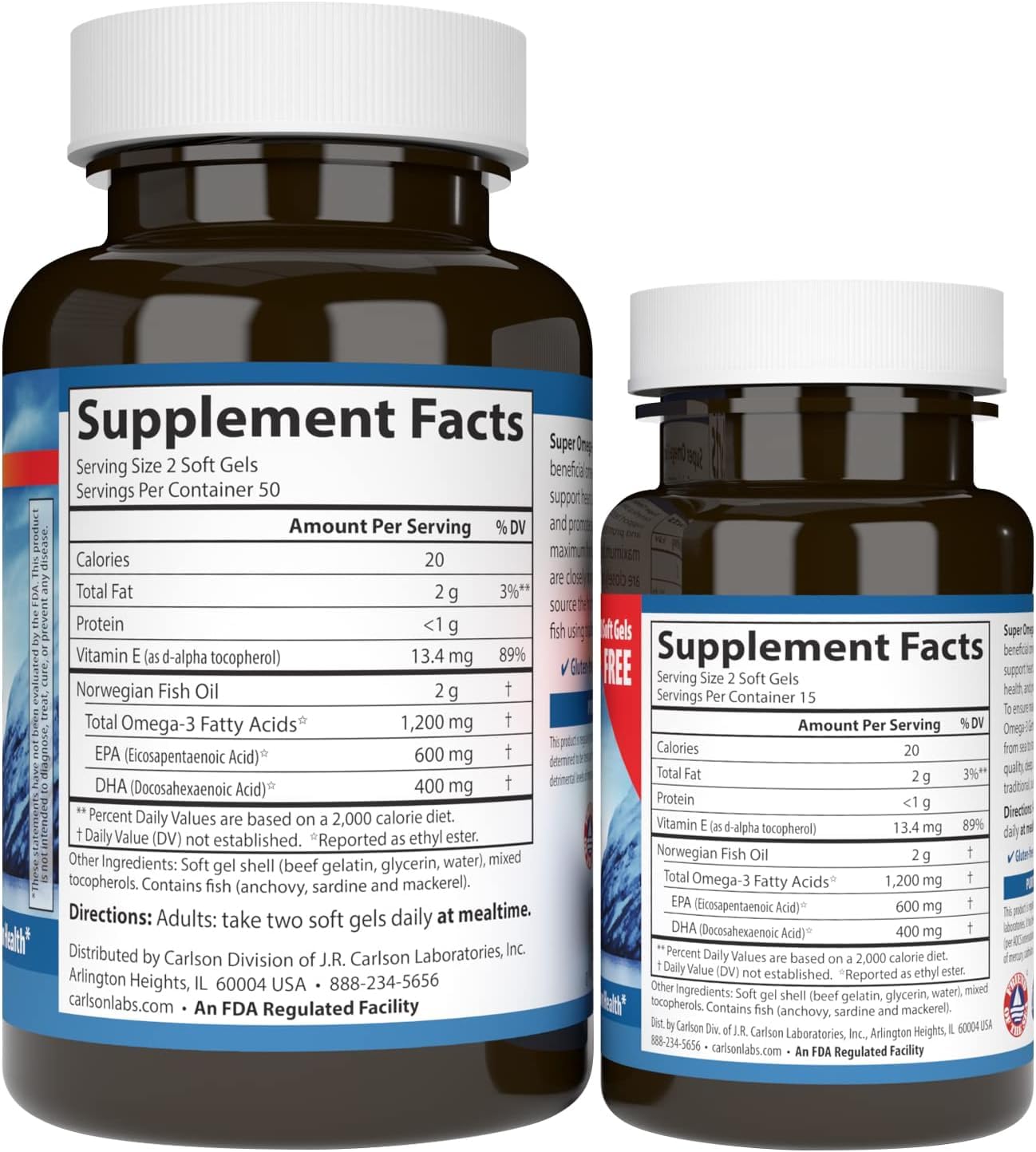 Carlson Super Omega-3 Gems, noruego, 1200 mg de omega-3, 100 + 30 cápsulas blandas (regulares)