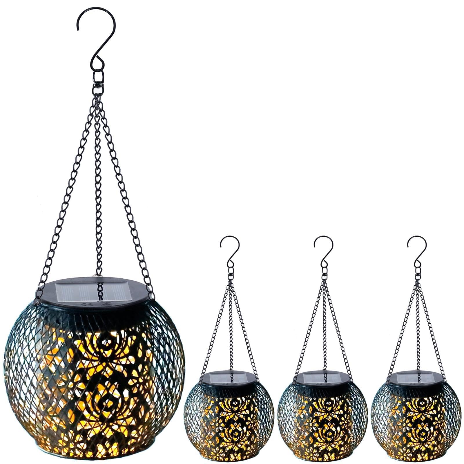 GCCATE Solar Lanterns, 4 Pack Upgraded Hanging Outdoor Lantern Garden, Metal Solar Lights with Pattern, IP65 Waterproof Garden Lights Decoration for Patio Porch Pathway Balcony Table Fence