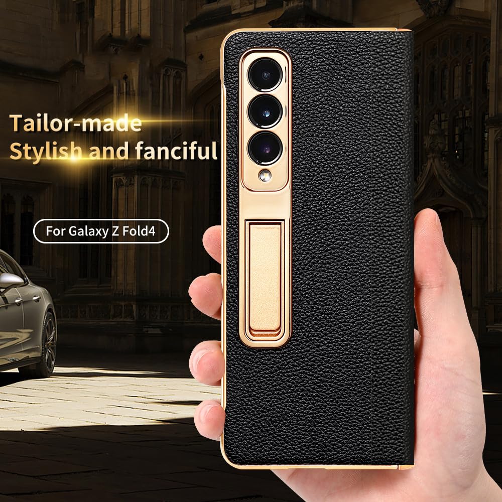 Skórzane etui na telefon do Samsung Galaxy Z Fold 5 4 3 Fold4 Fold5 Pozłacane etui z zawiasem magnetycznym Tylna obudowa ze stojakiem z folią lustrzaną, ziarno liczi w kolorze czarnym, do Galaxy Z F