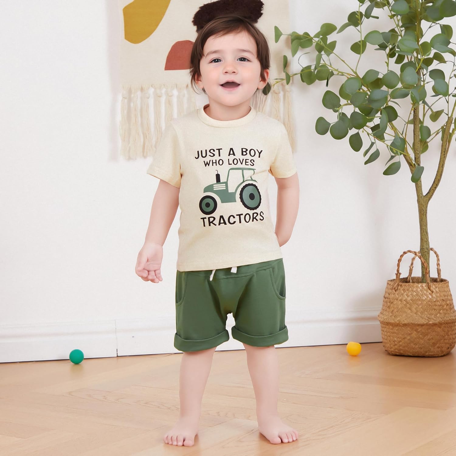 WZTYYDS Toddler Baby Boy Summer Clothes Tractor Letter Print Short Sleeve T-shirt Tops Casual Shorts 2 Piece Outfit - Image 2