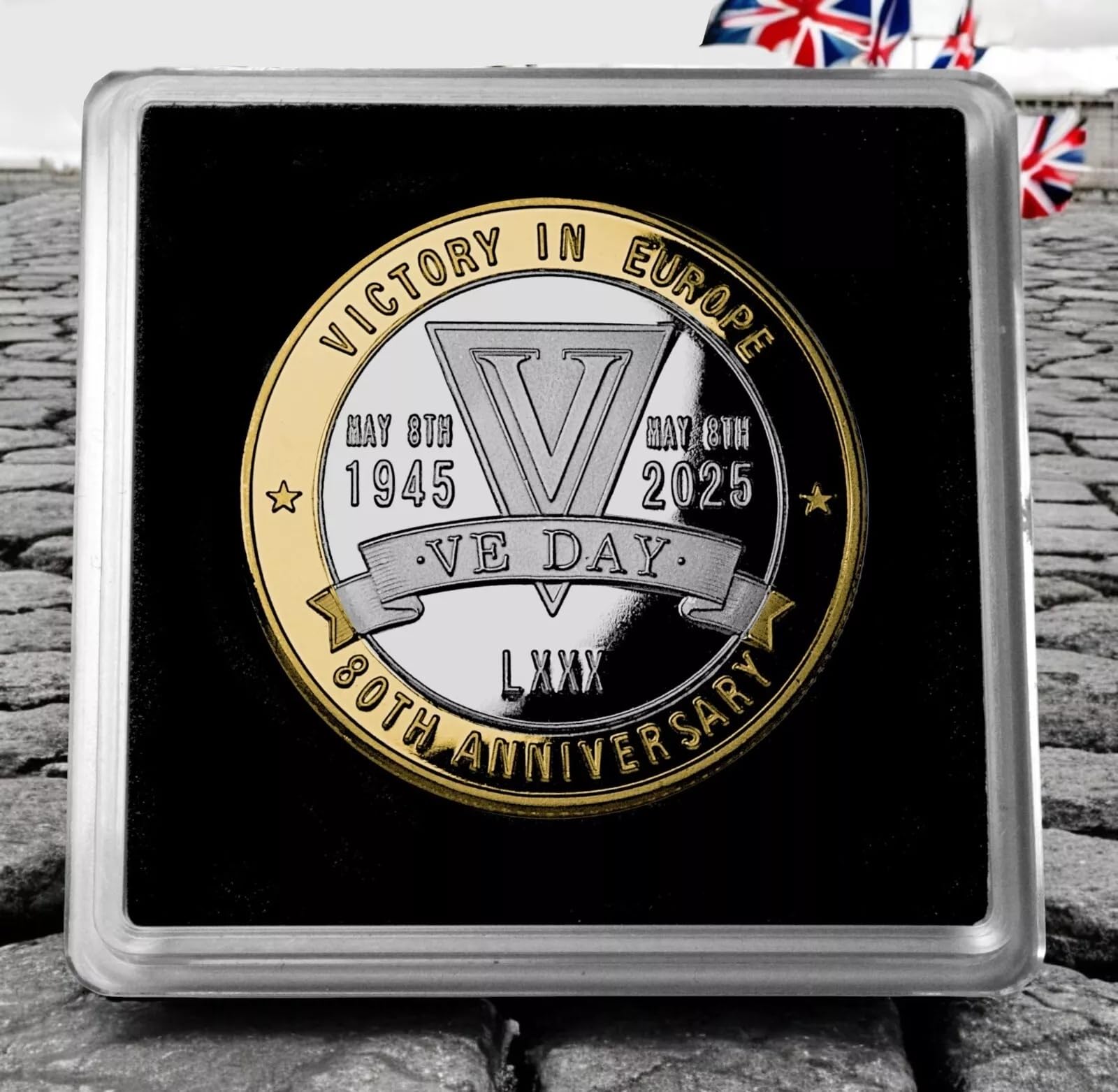 The Commemorative Coin Company VE DAY 80th Anniversary Silver & 24ct Gold Commemorative in Gift Case. 1945-2025 VE DAY 8th May WW2 Collectable