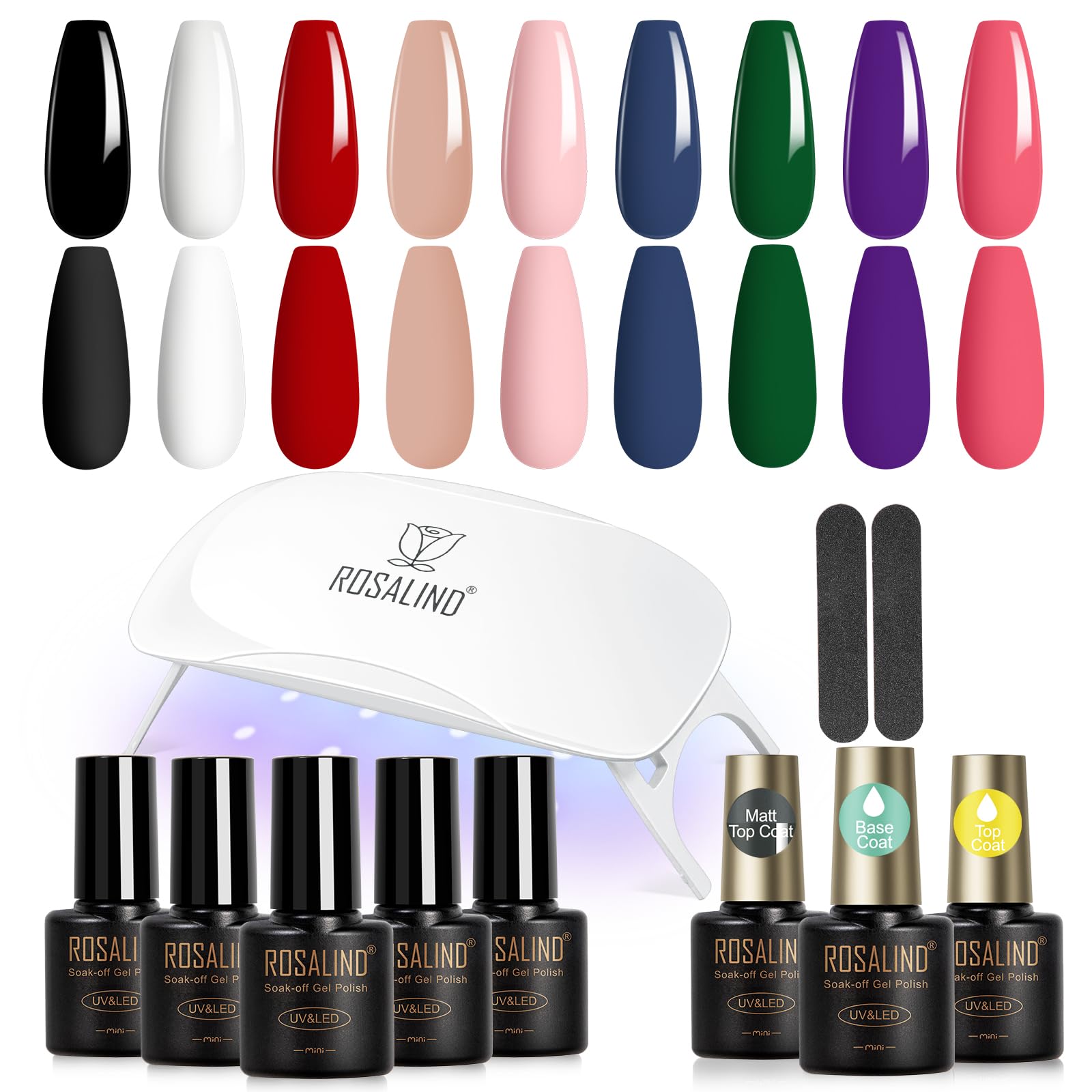 ROSALIND 14PCS Gel Nail Polish Kit with Mini u v Light,9 Colors gel polish Set with Base Coat and Glossy Matte Top Coat Nail art Easy Apply for Women