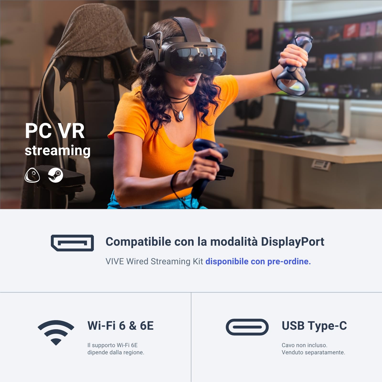 HTC Vive Focus Vision Pacchetto: realtà mista e visore VR per PC, controller, Edizione consumer, kit di streaming cablato Vive, Compatibile con la modalità DisplayPort