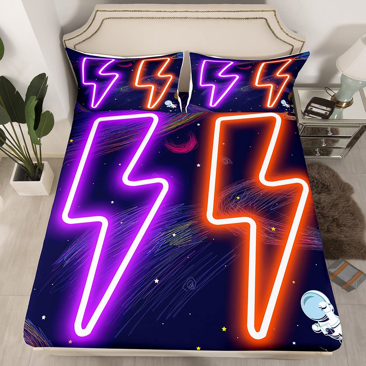 Loussiesd Boys Neon Lights Lightning Bedding Sheets Cut Astronaut Bed Sheet Set for Kids Teens Youth Galaxy Outer Bedding Fitted Sheet Red Purple 3Pcs Double Size