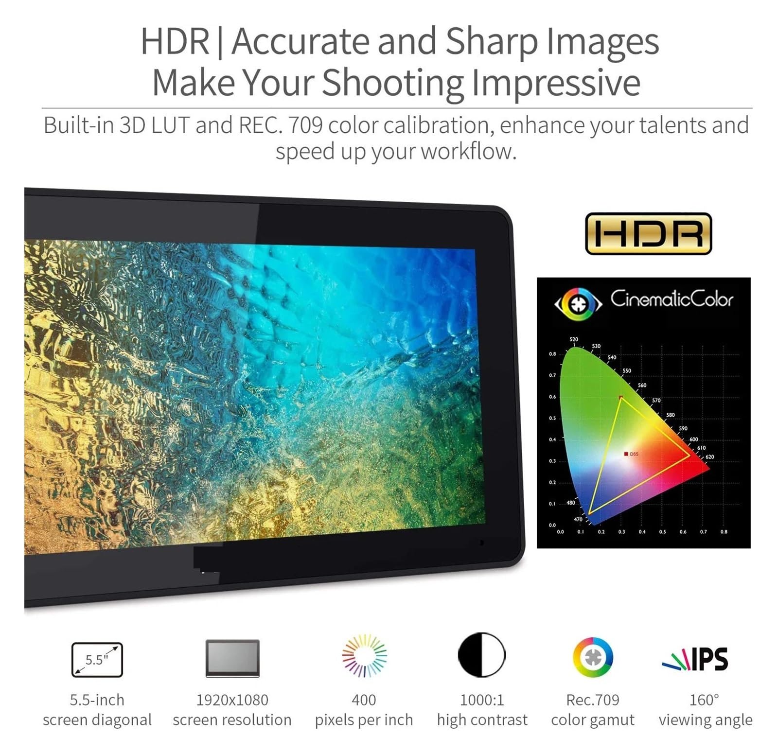 Moniteur de Terrain pour caméra Moniteur F6 Plus V2 4K 6 Pouces sur caméra Moniteur de Terrain DSLR 3D LUT écran Tactile IPS FHD 1920x1080 caméra vidéo Image Plus détaillée