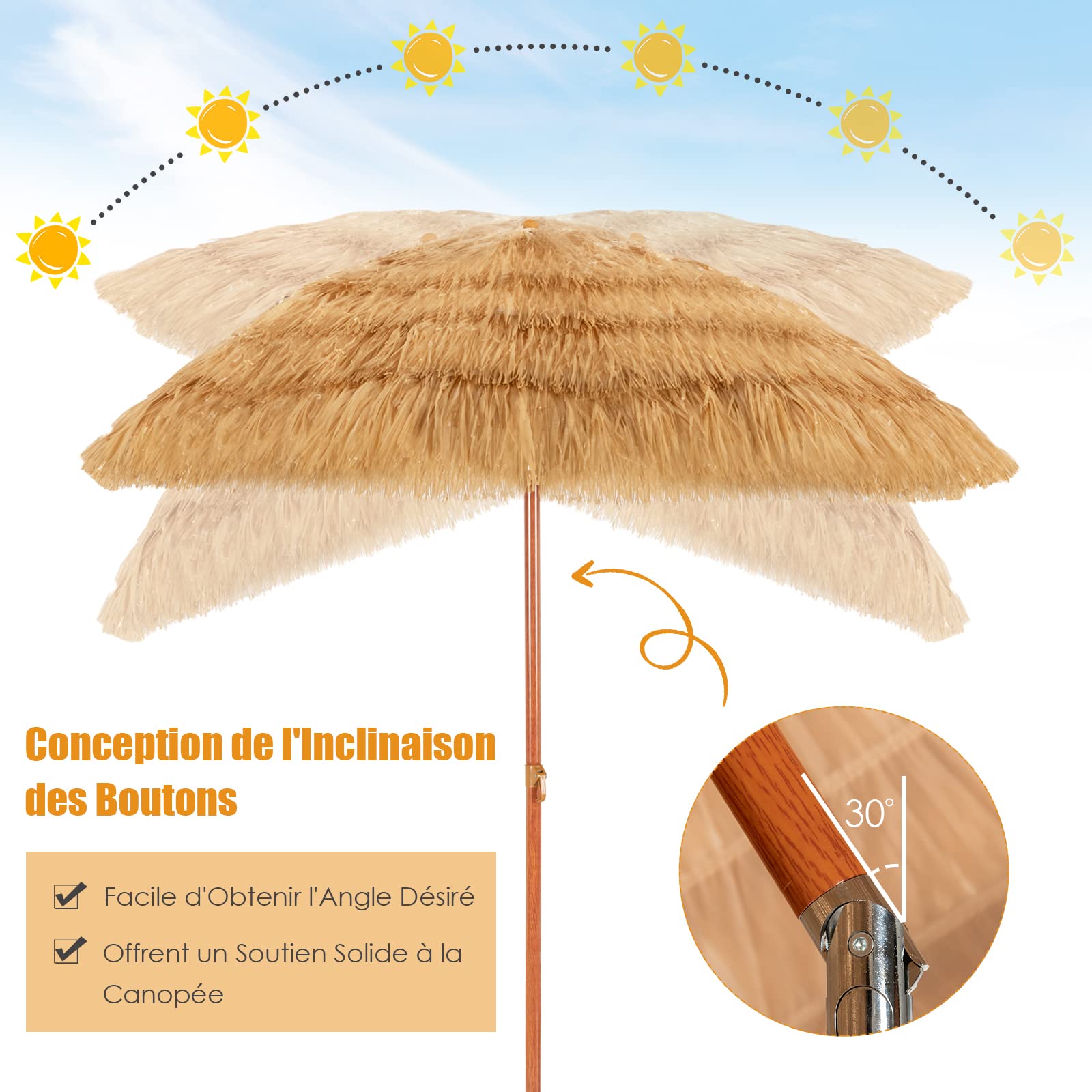 RELAX4LIFE Parasol Plage Hawaïen Inclinable Φ2M en Paille Tropicale