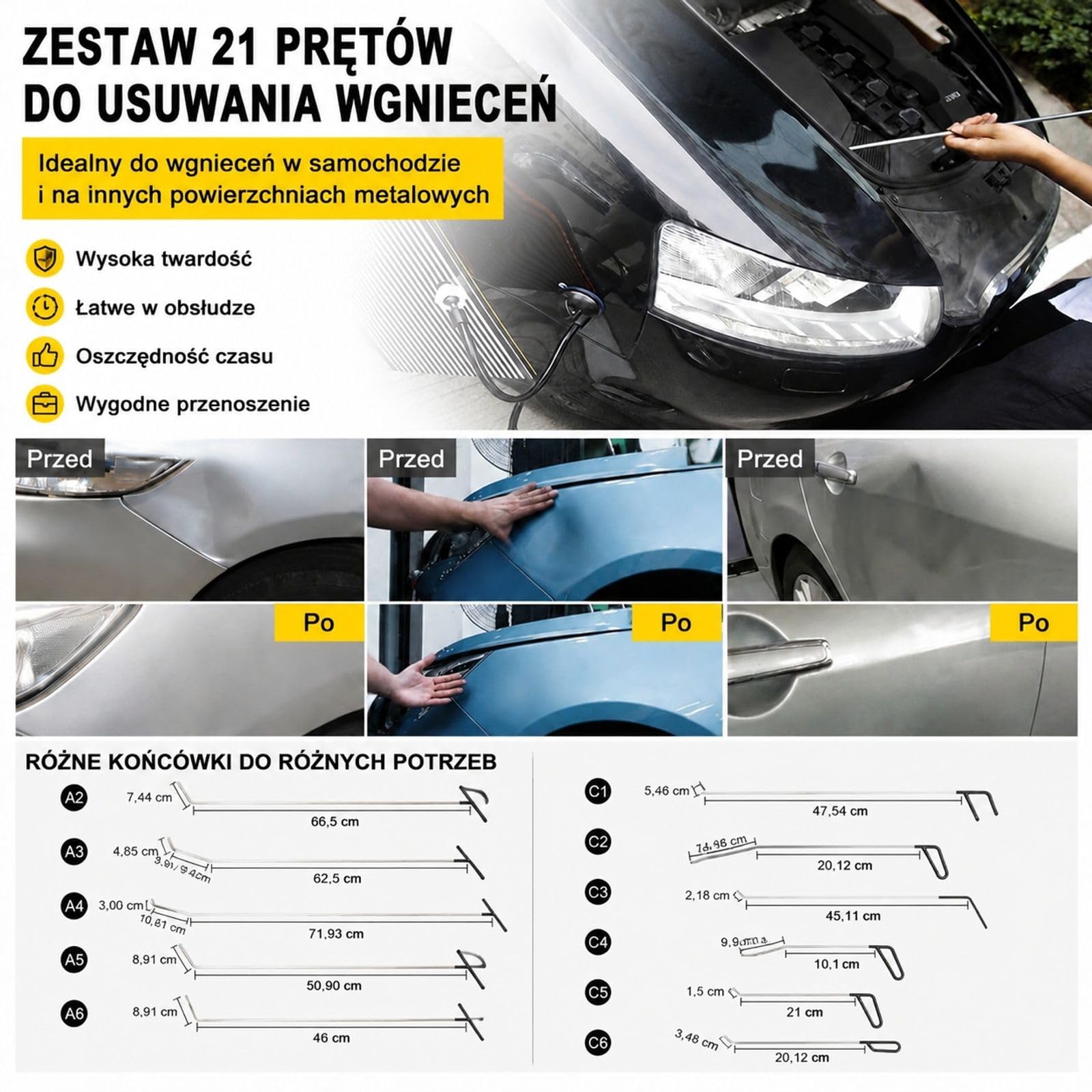 21-częściowy zestaw do usuwania wgniotów ze stali nierdzewnej, bez lakierowania, z prętami, po gradzie