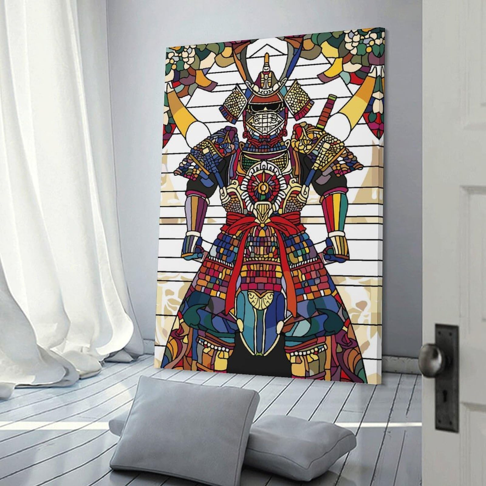 Junmoney Frame-Style-4-1 Stained Glass Samurai Warrior Canvas Wall Art, 20X30inch(50X75cm), For Living Room, Bedroom Or Home Office, A Wall Art Gift For Fresh Interiors