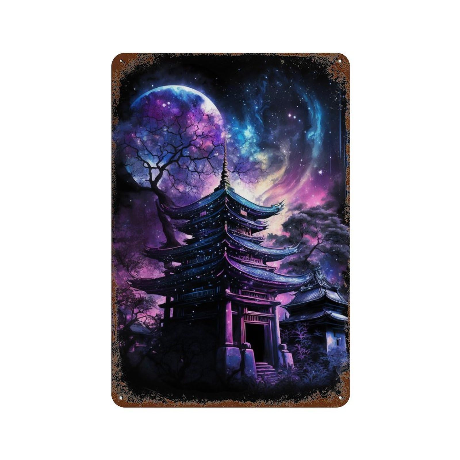 Decorative Tin Sign with Fantasy Pagoda Night Sky -1 Design 11.8"x7.9", for Farmhouse, Kitchen And Entryway Decor, Old School Wall Decor