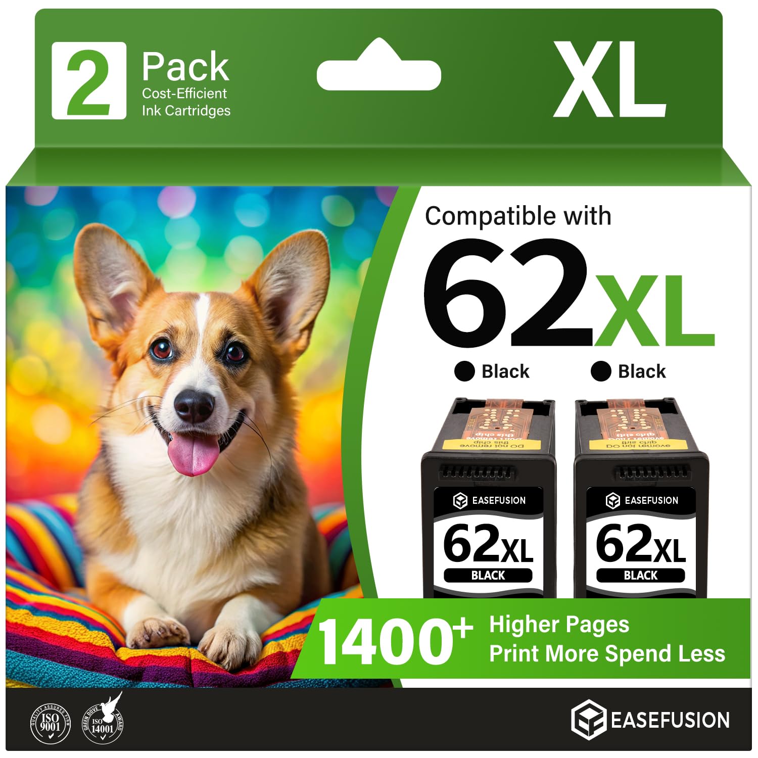 EaseFusion 62XL Replacement for HP 62 Black Ink cartridges HP62XL HP62
