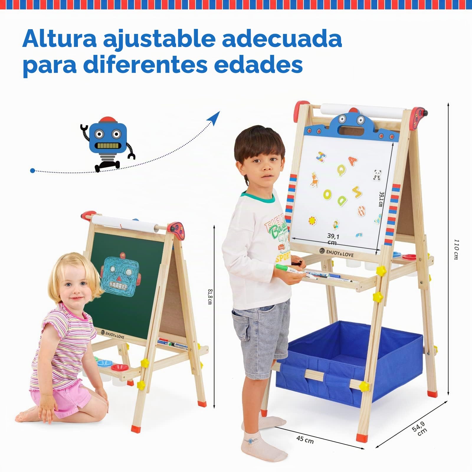 Caballete Pintura niños, tablero de Dibujo de Doble Cara de Madera, Caballete de Arte de Altura Ajustable con Números, Pergaminos y Otros Accesorios, adecuado para niños 2-15 años (Robot)