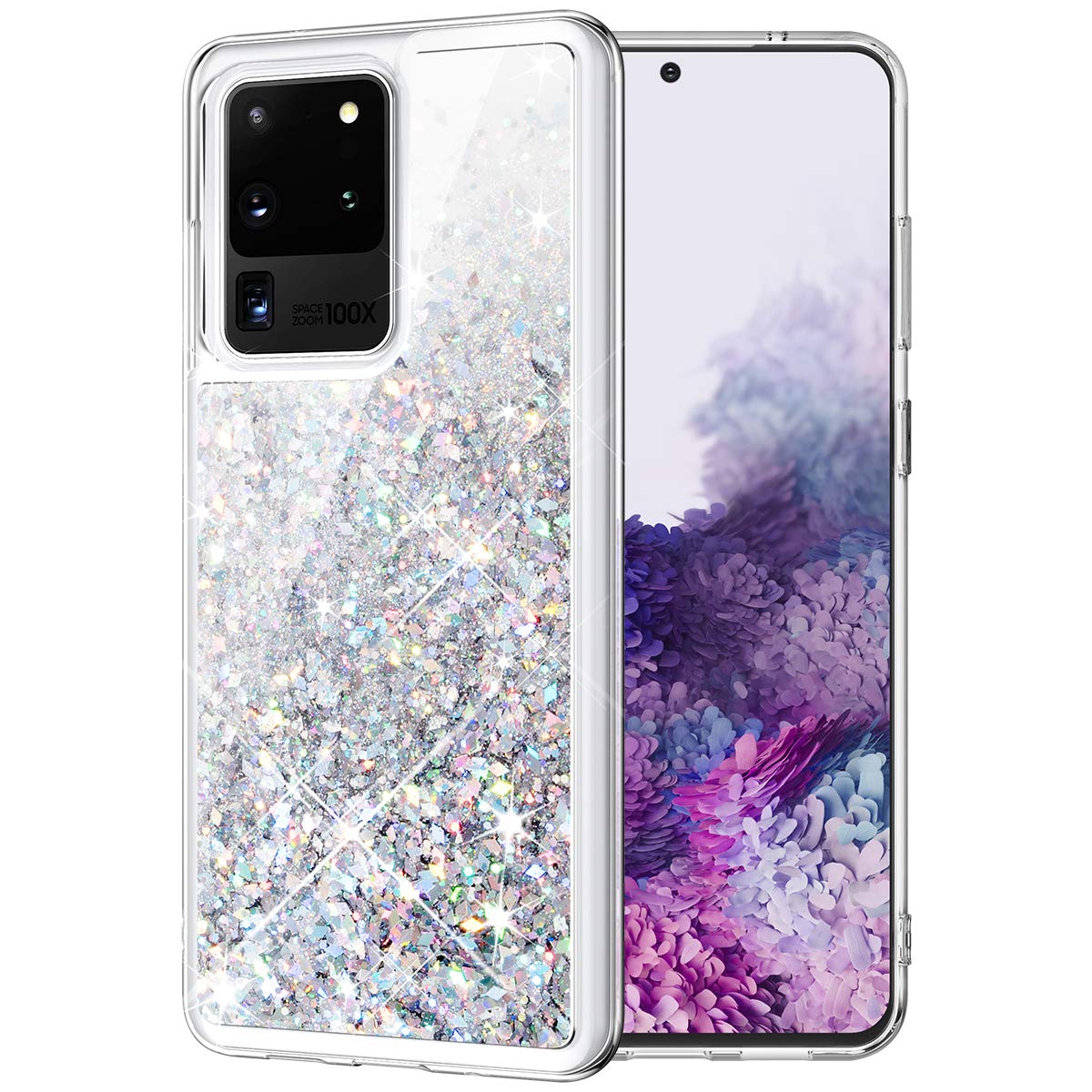 Caka Liquid Case for Galaxy S20 Ultra Glitter Case Bling Sparkle Girly Fashion Flowing Floating Moving Quicksand Glitter Women Girls TPU Clear Phone Case for Galaxy S20 Ultra 5G 6.9 inches (Silver)