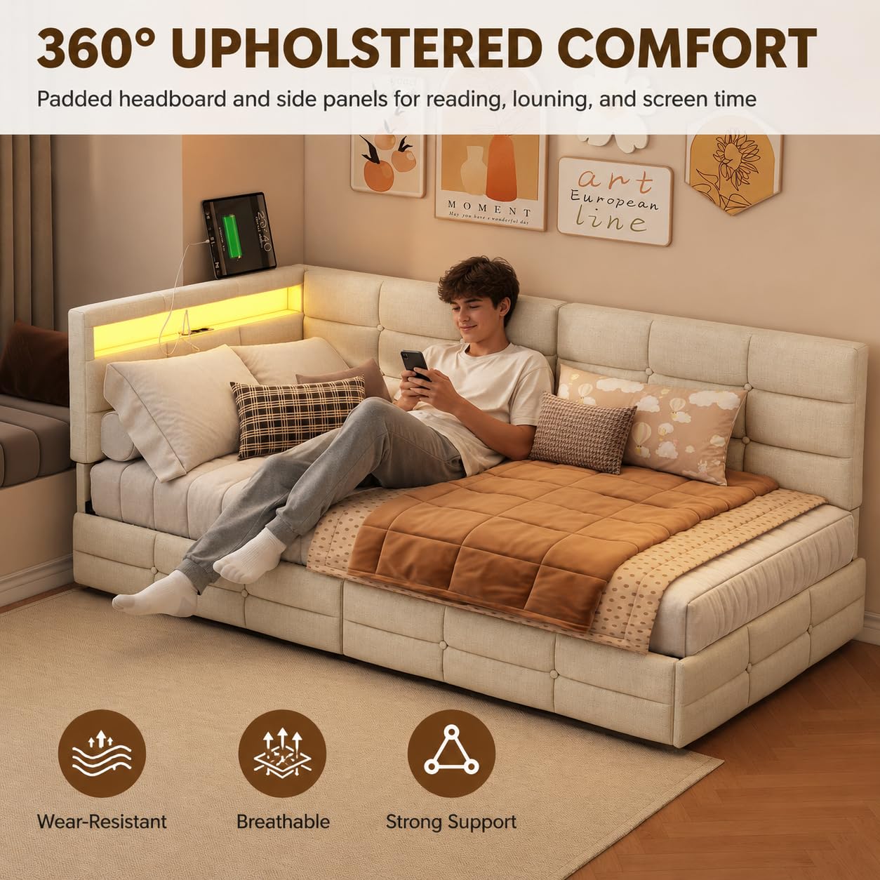 BRILVERDE Polsterbett 90x200 mit Schubladen, Jugendbett mit LED/USB-Licht, Schlafsofa mit Kopfteil, Tagesbett mit Lattenrost, Leinen (Beige, 90 x 200 cm)