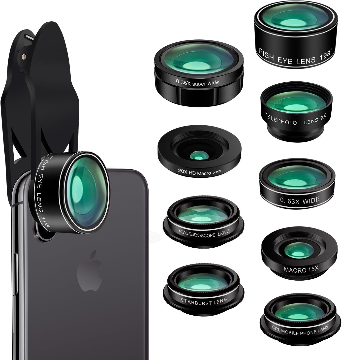 Phone Camera Lens Kit,9 in 1 Kaiess Super Wide Angle+ Macro+ Fisheye Lens +Telephoto+ CPL+Kaleidoscope+Starburst Lens for iPhone X/8/7/6s/6 Plus, Samsung,Android Smartphones(Black)
