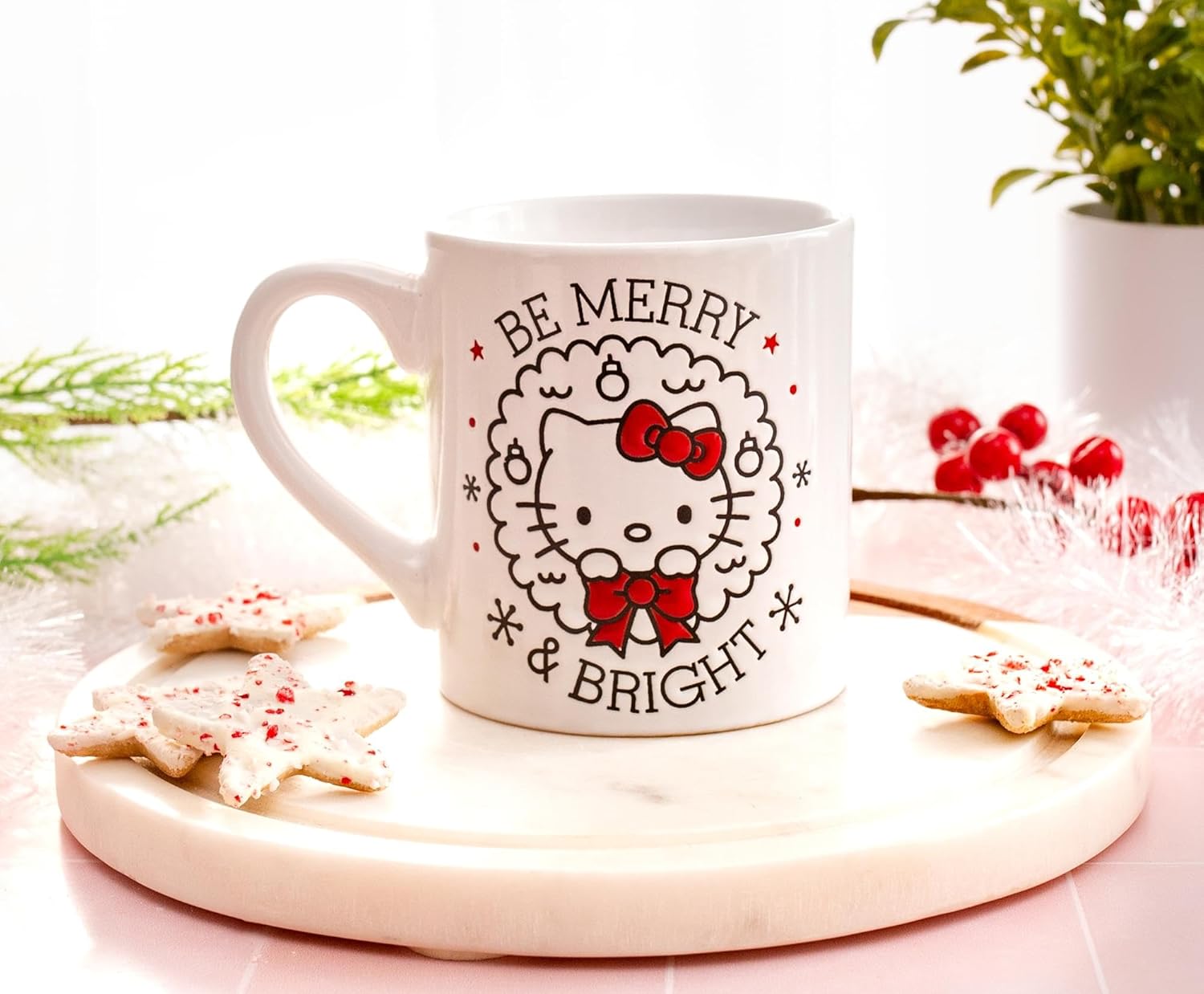Silver Buffalo Sanrio Hello Kitty Be Merry & Bright Wax Resist Ceramic Mug | Coffee Cup For Tea, Espresso, Cocoa | Holds 14 Ounces