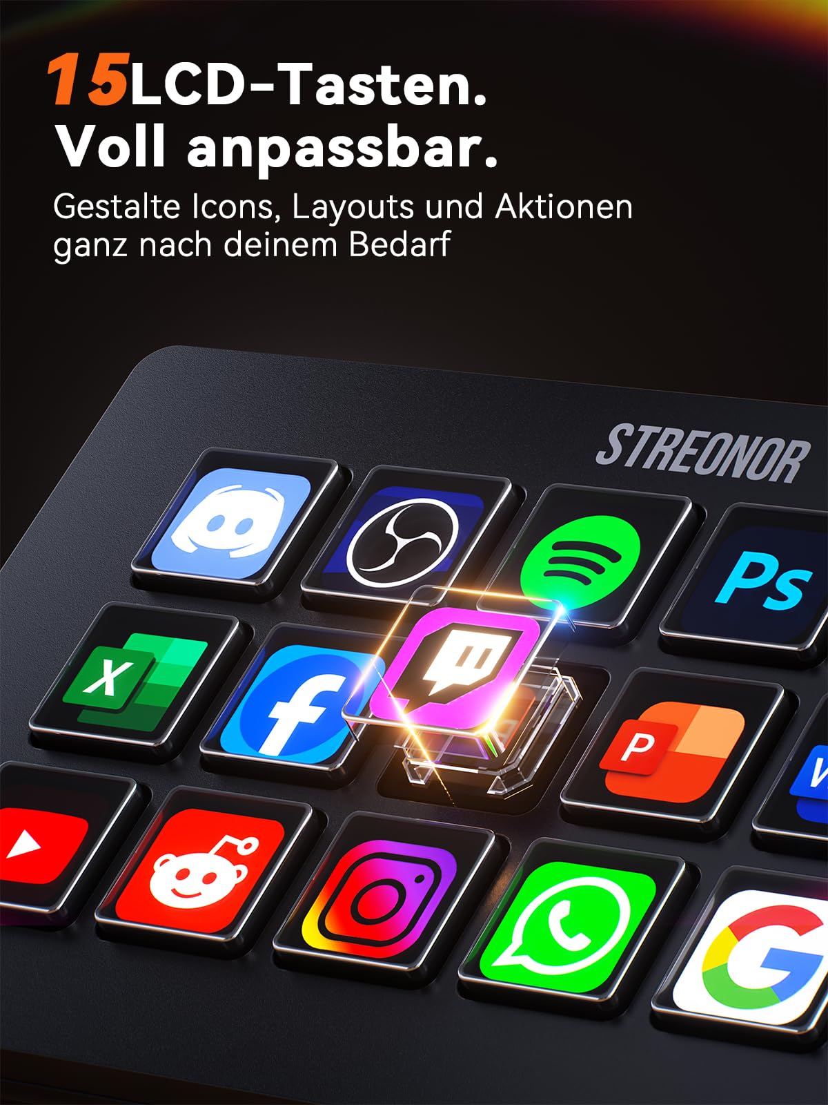 STREONOR Stream Controller Standard S15: Stream Control Deck mit 15 anpassbare LCD-Makro-Tasten für OBS, Twitch, YouTube, Content Creators, Streaming & Gaming, kompatibel mit PC und Mac