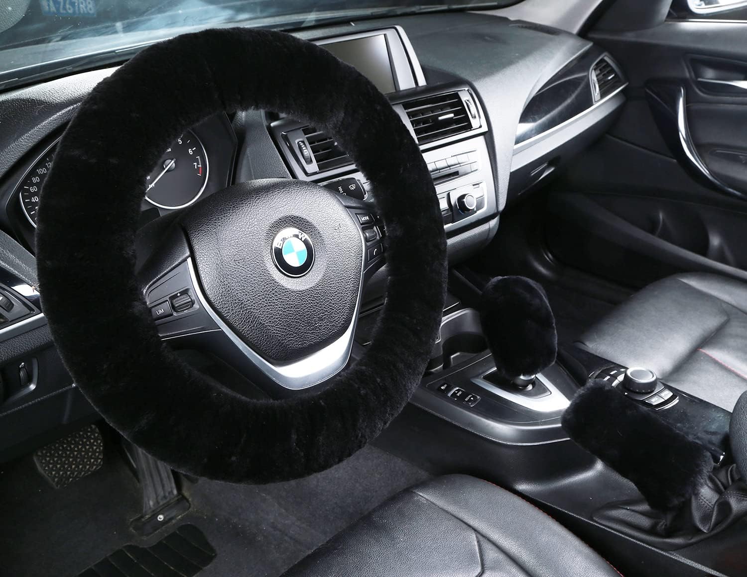 5 Pcs Set Genuine Sheepskin Car Steering Wheel Cover Natural Wool Seatbelt Pad Handbrake Gear Shift Cover Anti-Slip Universal Fit