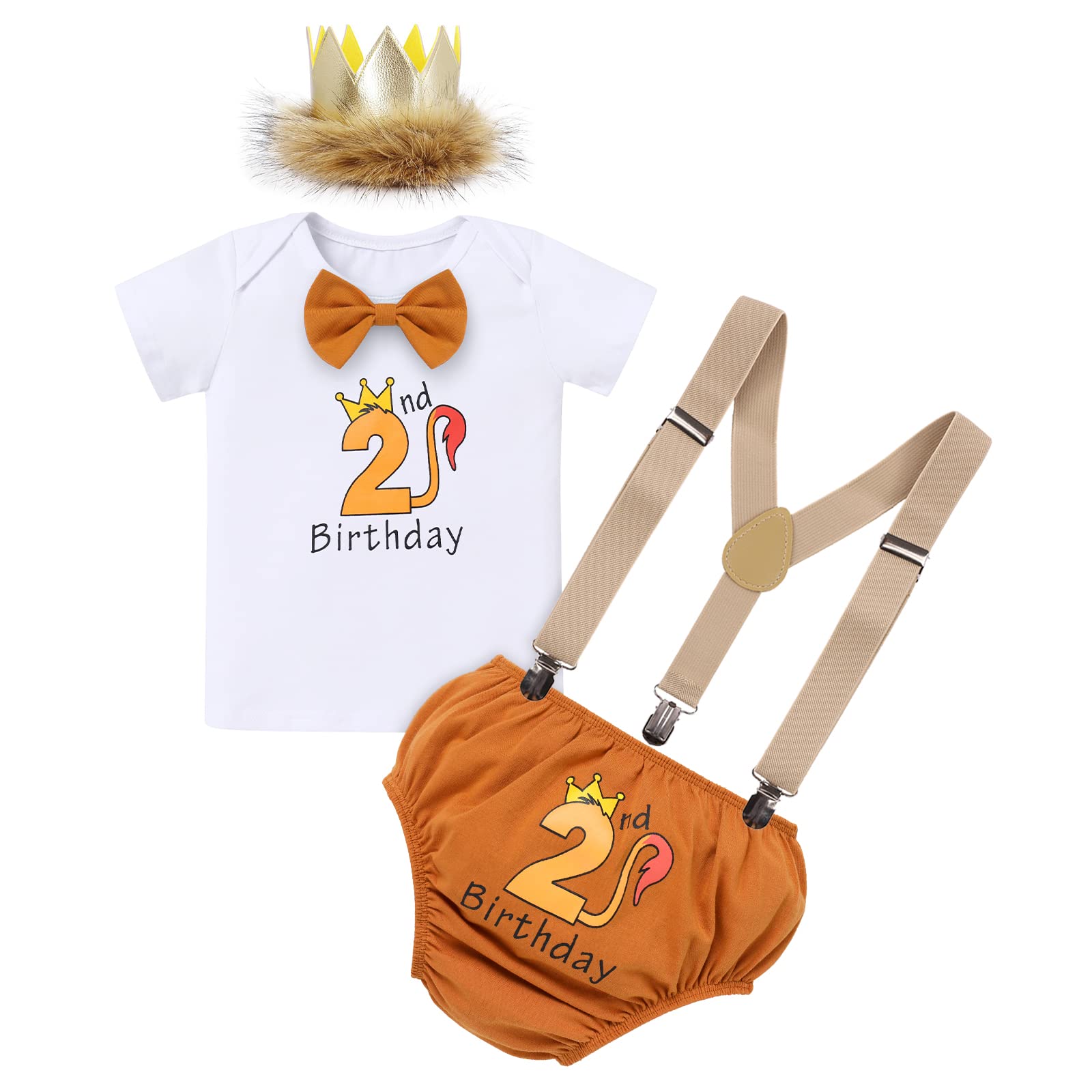 IMEKIS Baby Boy Wild One 1st Birthday Outfit Cake Smash Lion Bowtie Romper + Shorts + Suspenders + Crown Headband Photo Shoot