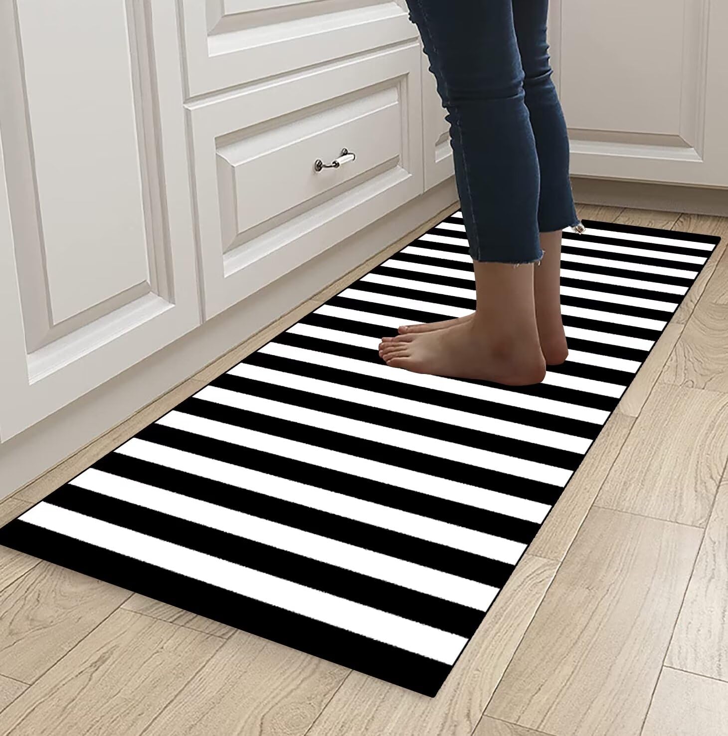 Läufer Teppich Flur Küche Schwarz Weiß rutschfest 50x350cm Küchenläufer Teppichmatten Waschbar Korridor Teppichläufer Küchenteppich Schlafzimmer Esszimmer Polyester Meterware Anpassbar