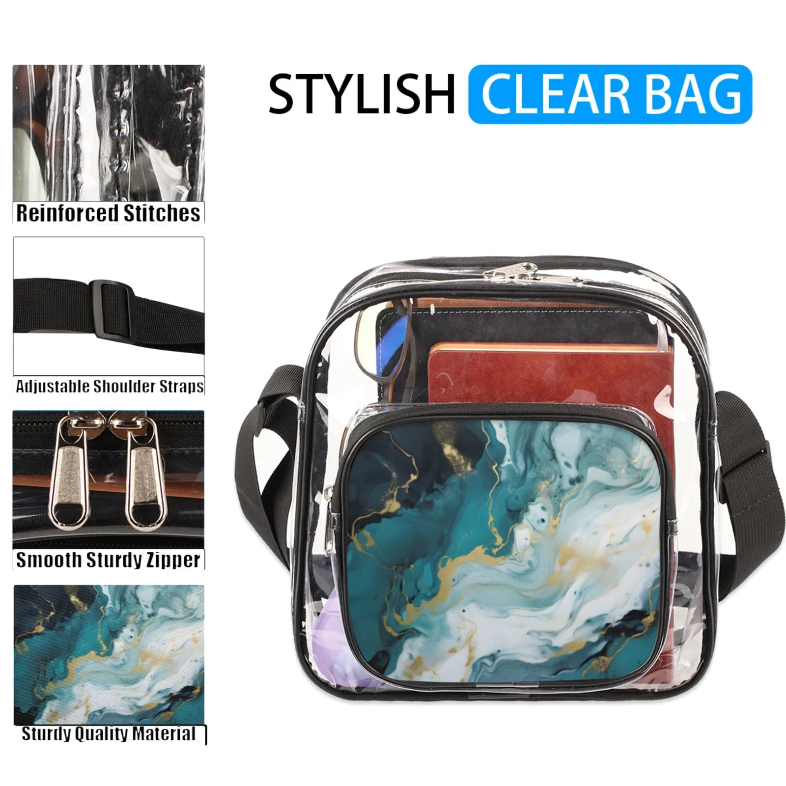 Clear Crossbody Bag Stadium Approved Dynamic Fluid Transparent Bag for Festivals, Sports Events, Concerts,Beach Bag for Women Men Art and Gold Clear Purse with Front Pocket Messenger Bag