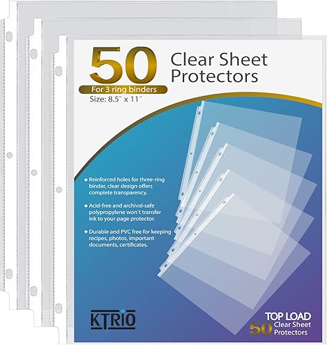 KTRIO - Protectores de hojas transparentes de 85 x 11 pulgadas para carpetas de 3 anillos protectores de plástico con abertura en la parte superior