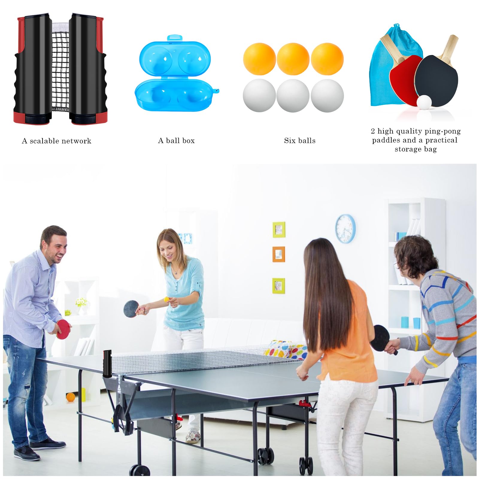 Ensemble de raquettes de tennis de table professionnelles : 2 raquettes de tennis de table + filet rétractable + 6 balles de tennis de table + 1 sac de transport + 1 boîte à balles, ensemble de