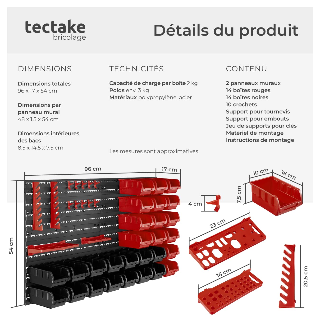 TecTake® Étagère Murale modulable 28 Boîtes de Rangement empilables & Crochets Meuble de Rangement Rangement Atelier Garage Rangement Mural de visserie & Clous Organisation du Garage