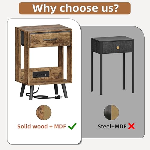 Miniatura 5 de GYIIYUO Mesita de noche con estación de carga y cajón de tela, mesa auxiliar con almacenamiento para dormitorio, mesita de noche con estante de