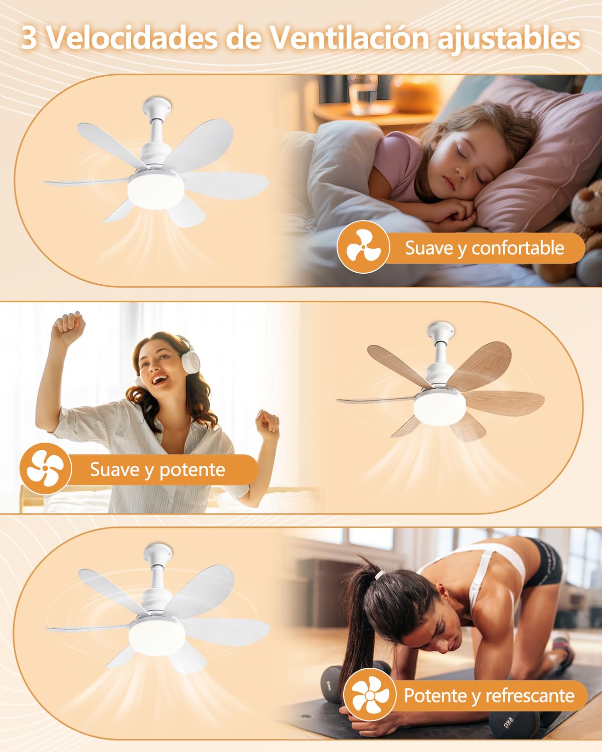 52CM Ventilador de Techo con Luz, Pequeño Lampara Ventilador Techo, 2 Juegos de Aspas, 40W LED Regulable, Silencioso, E27, 3 Velocidades, Abanico para Interior Exteriores Dormitorio Sal