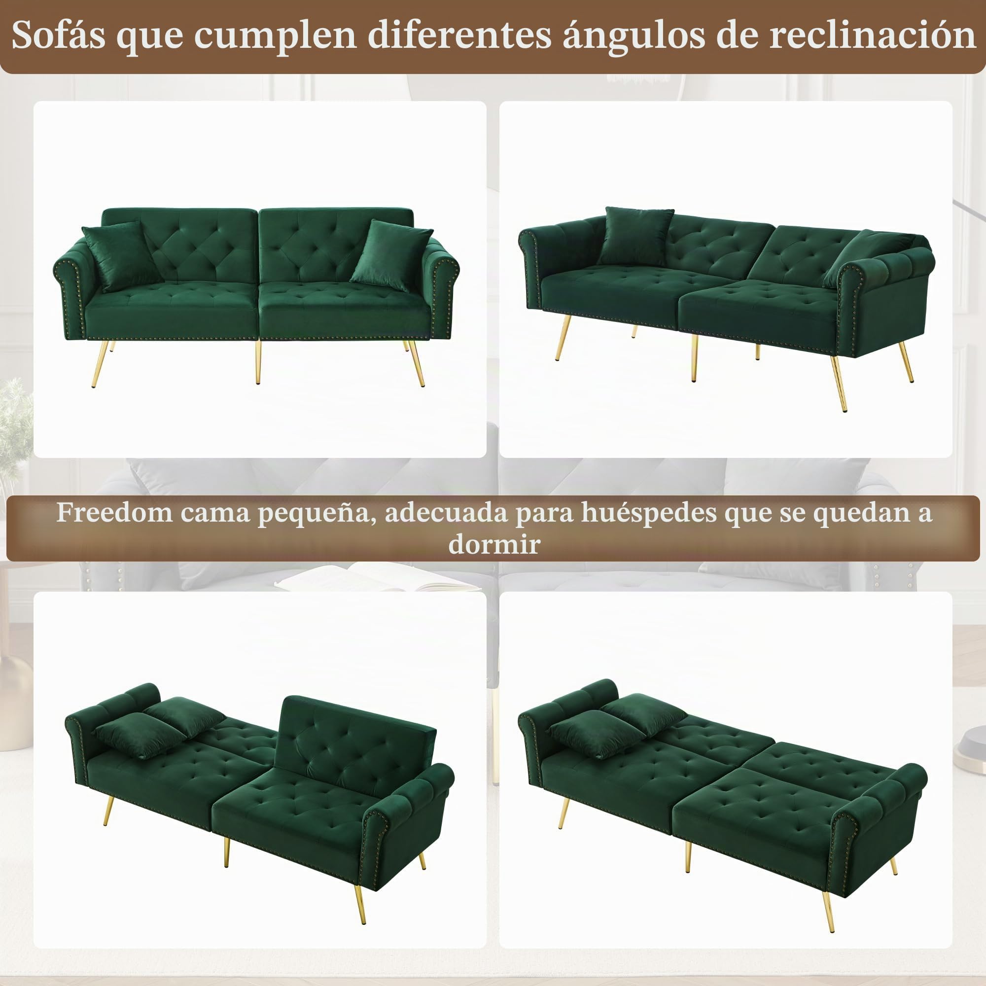 Azkoeesy Elegante sofá cama de 2 plazas, tapizado en terciopelo, 178 cm, con 3 niveles de ajuste, patas de metal dorado, 2 cojines, acabado con remaches (verde envejecido)
